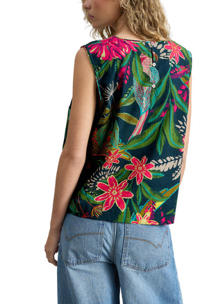 Blouse sans manche sarcelle foncé à imprimée tropical avec ouverture boutonnée blanche pour femme, vue de dos