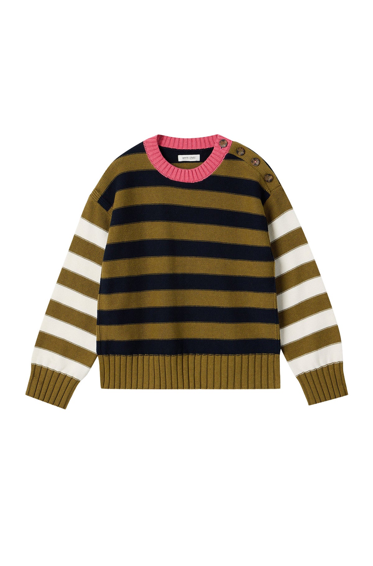 Chandail manches longues en tricot rayé olive et marine avec col rose, vue produit pour femme par White Stuff