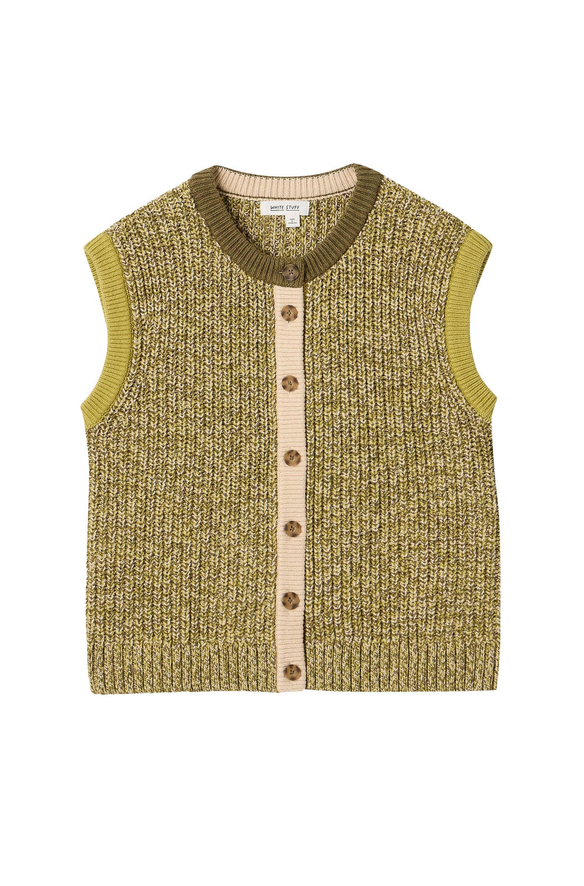 Veste sans manches en tricot chiné olive avec patte boutonnée crème pour femme par White Stuff, vue de face