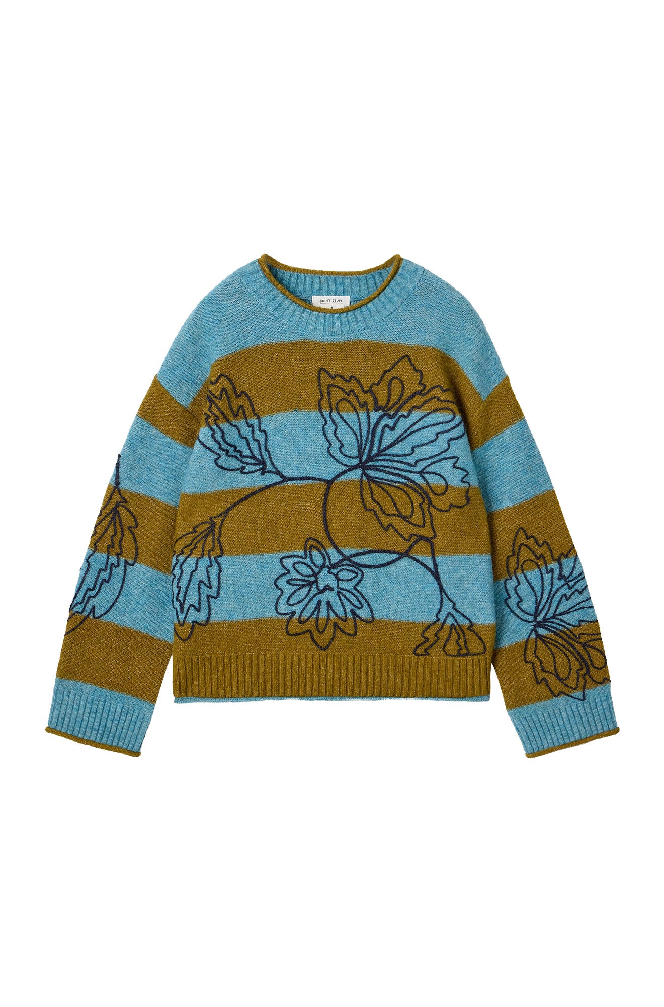 White Stuff women's blue and olive striped knit long-sleeve knit sweater with navy floral embroidery, product view