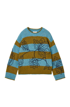 White Stuff women's blue and olive striped knit long-sleeve knit sweater with navy floral embroidery, product view