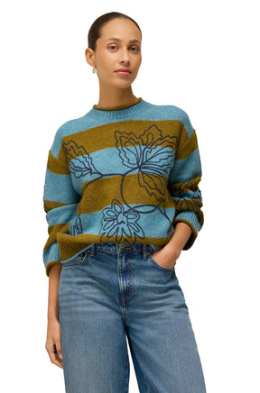 White Stuff women's blue and olive striped knit long-sleeve knit sweater with navy floral embroidery, front view