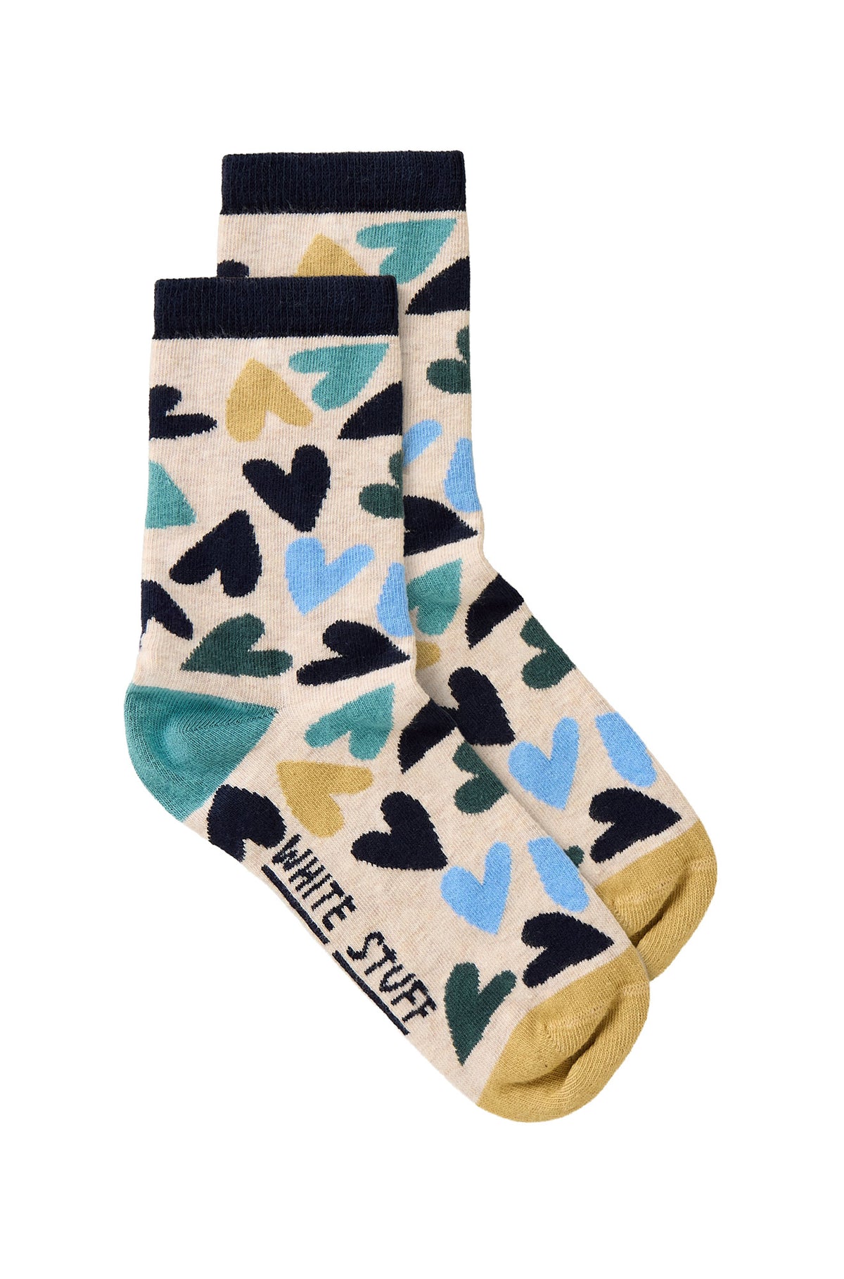 Bas mi-mollet crème à coeurs multicolores, poignets marine, talon, vue produit pour femme par White Stuff