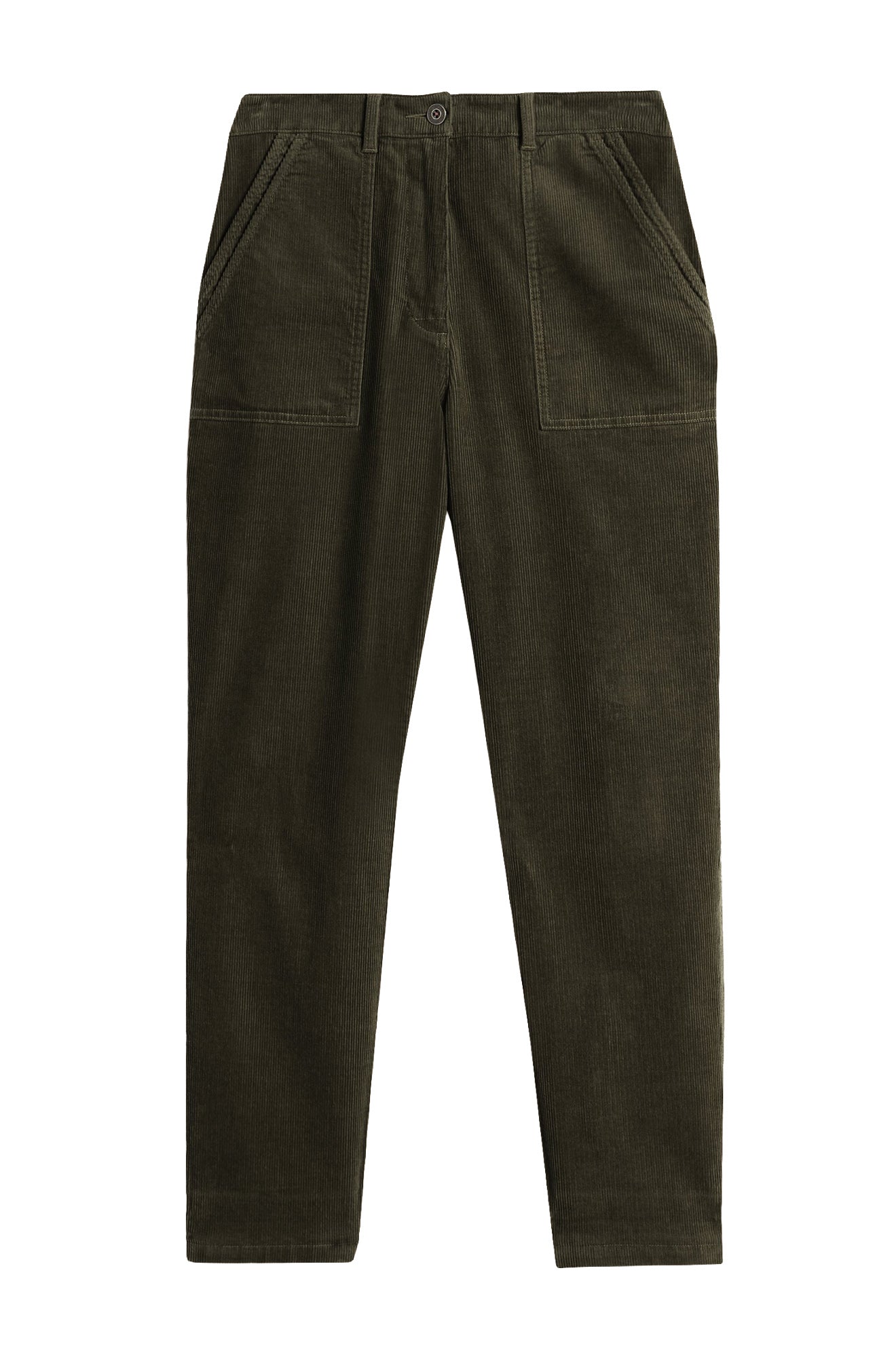 Women's olive green corduroy pants, front product view with patch pockets and button waist by White Stuff