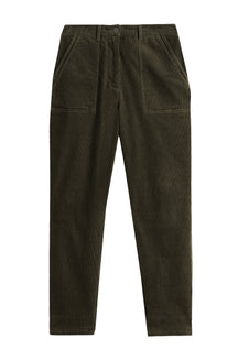 Pantalon vert olive en velours côtelé, vue avant, poches plaquées et taille à bouton pour femme par White Stuff