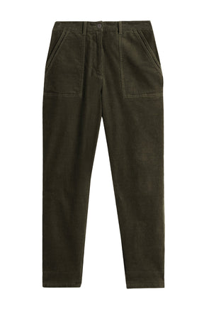 Women's olive green corduroy pants, front product view with patch pockets and button waist by White Stuff