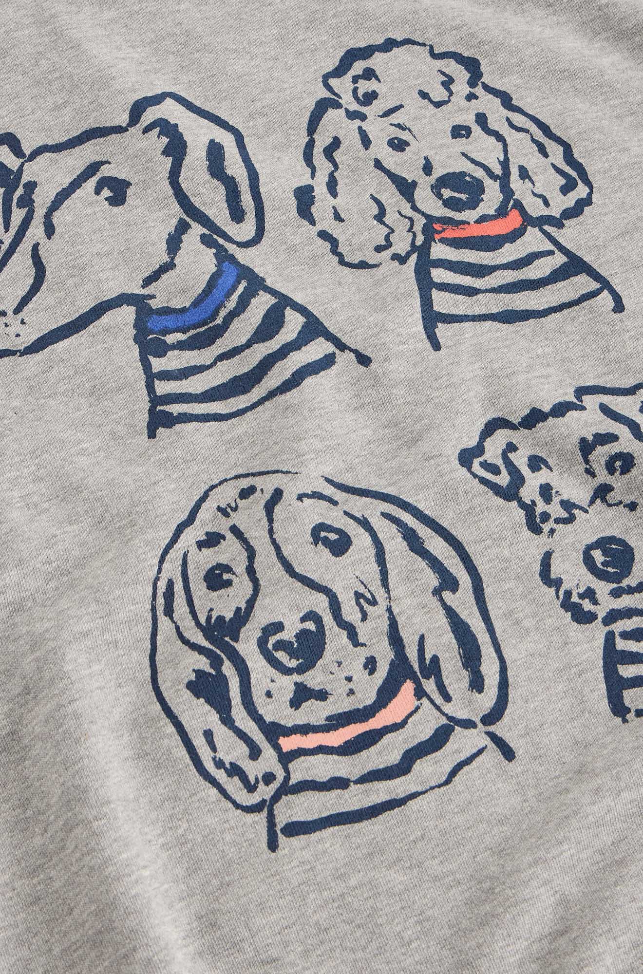 White Stuff women's gray sweatshirt fabric with navy dog drawings and coral and blue collar accents, close-up