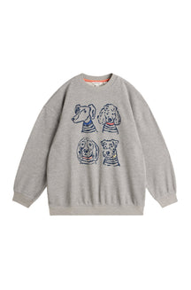 White Stuff women's gray crewneck sweatshirt with navy dog graphic and ribbed cuffs and hem, front view