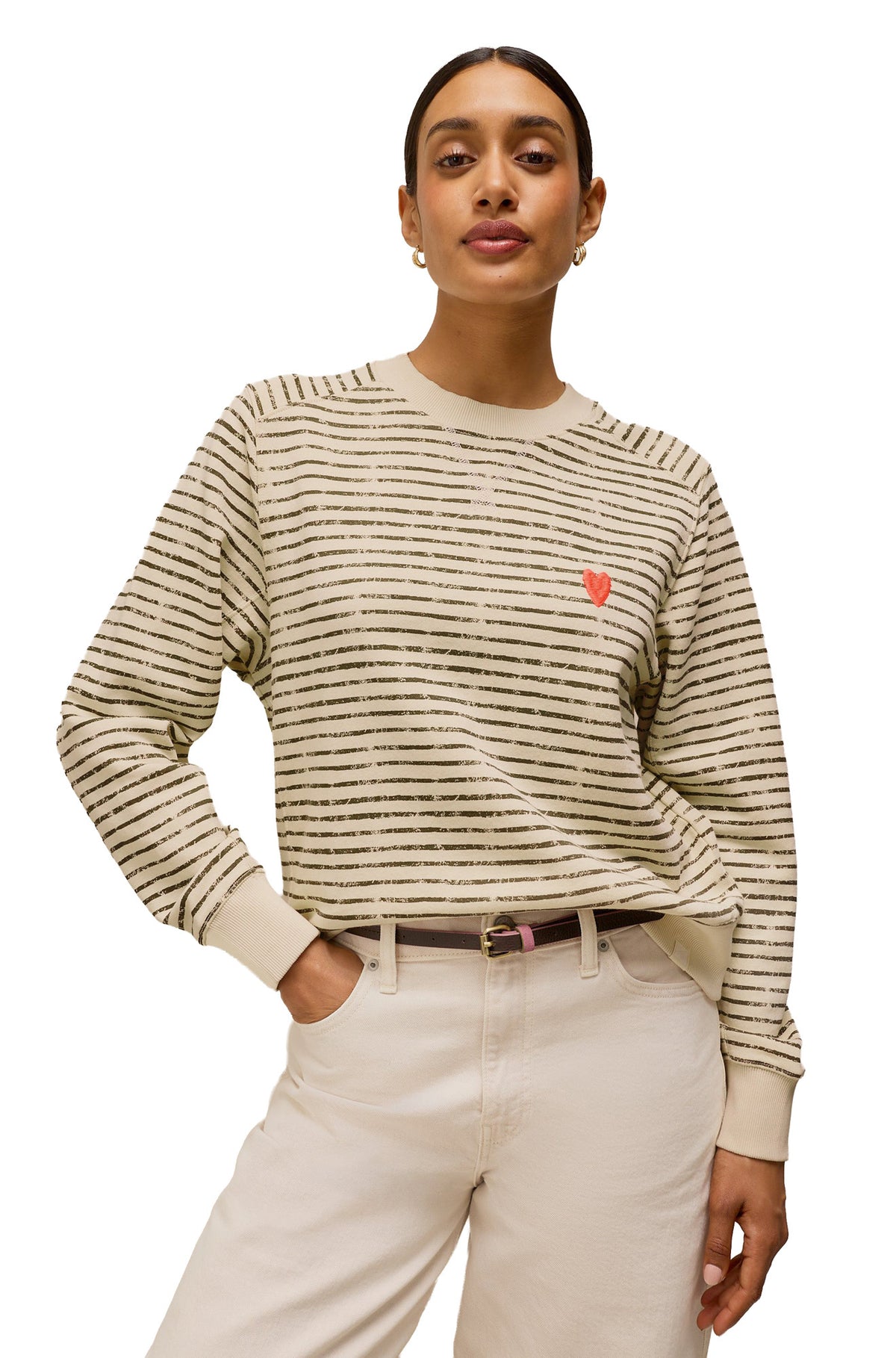White Stuff women's cream striped crewneck sweatshirt with rib cuffs and red heart embroidery shown from the front