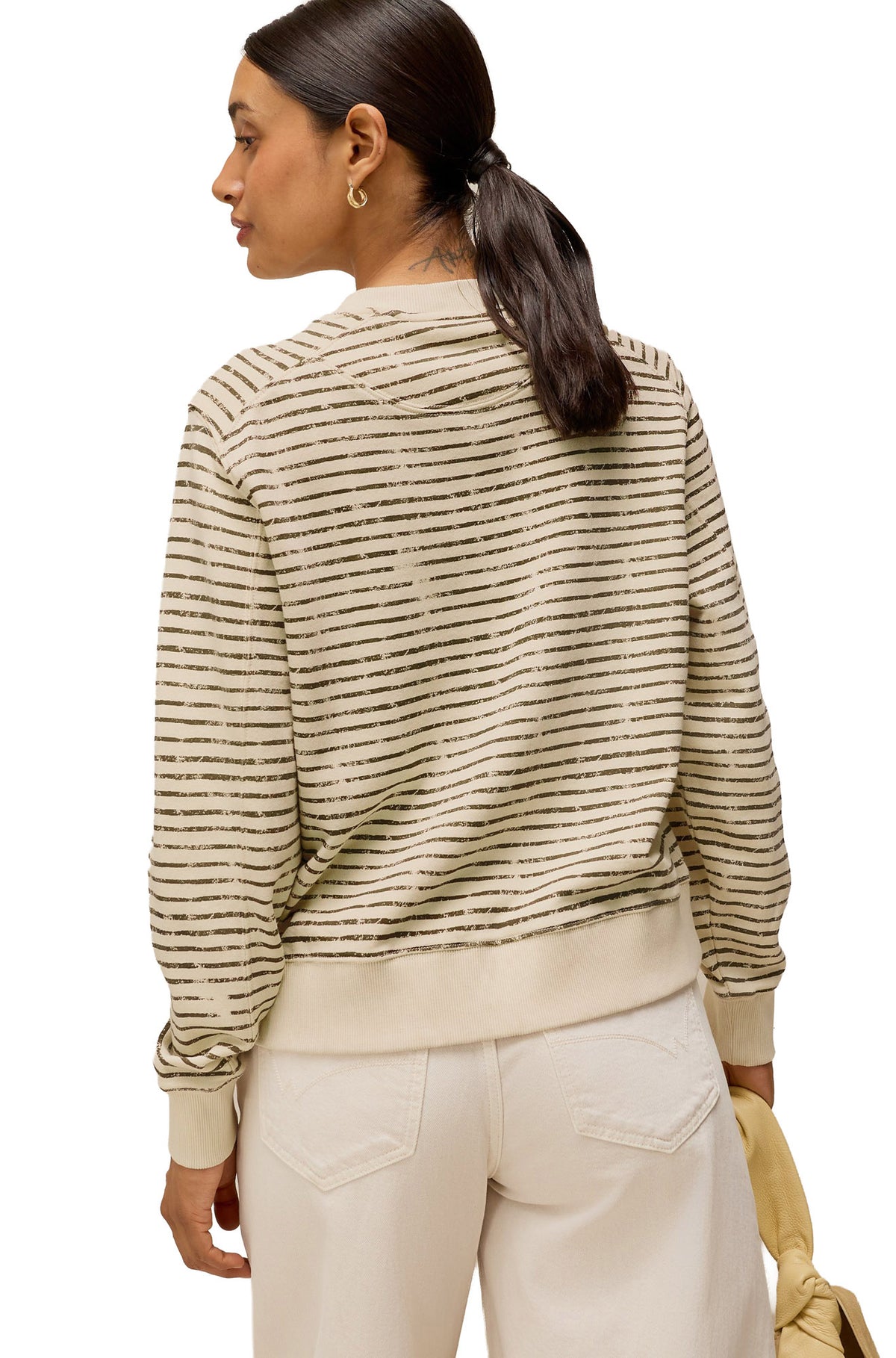 White Stuff women's cream striped crewneck sweatshirt with ribbed hem and long sleeves shown from the back