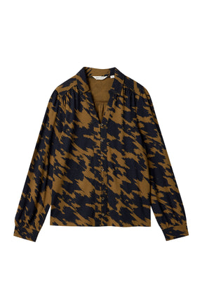 Front product view of women's olive and navy abstract print long-sleeve blouse with point collar by White Stuff