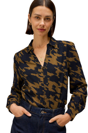 White Stuff women's olive and navy abstract print long-sleeve blouse with collar and button placket, front model view