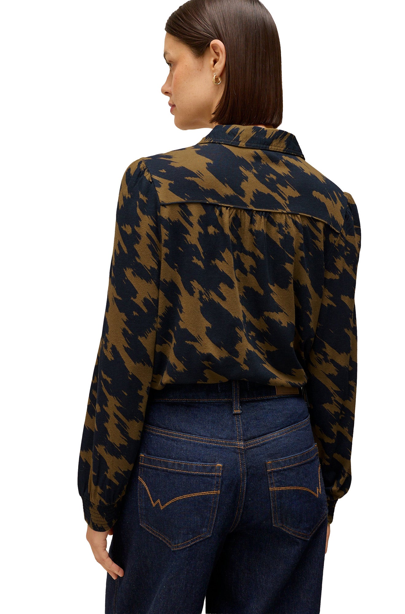 White Stuff women's olive and navy abstract print long-sleeve blouse with gathered back yoke shown from the back