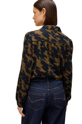 White Stuff women's olive and navy abstract print long-sleeve blouse with gathered back yoke shown from the back