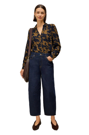White Stuff women's olive and navy abstract print long-sleeve blouse with collar and button placket, front model view
