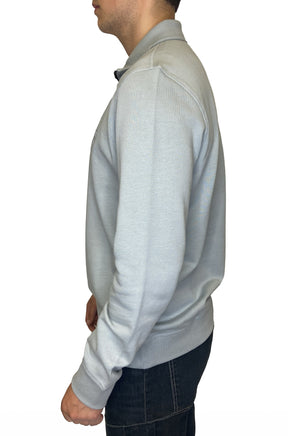 HUGO BOSS men's pale blue half-zip sweatshirt with long sleeves and visible shoulder seams shown from the side