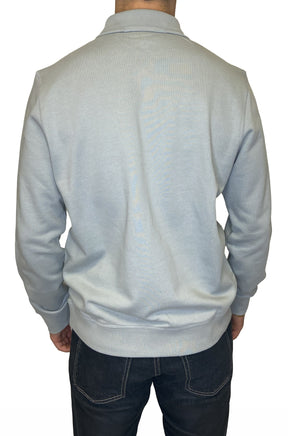 HUGO BOSS men's pale blue half-zip sweatshirt with stand collar and ribbed hem, back view