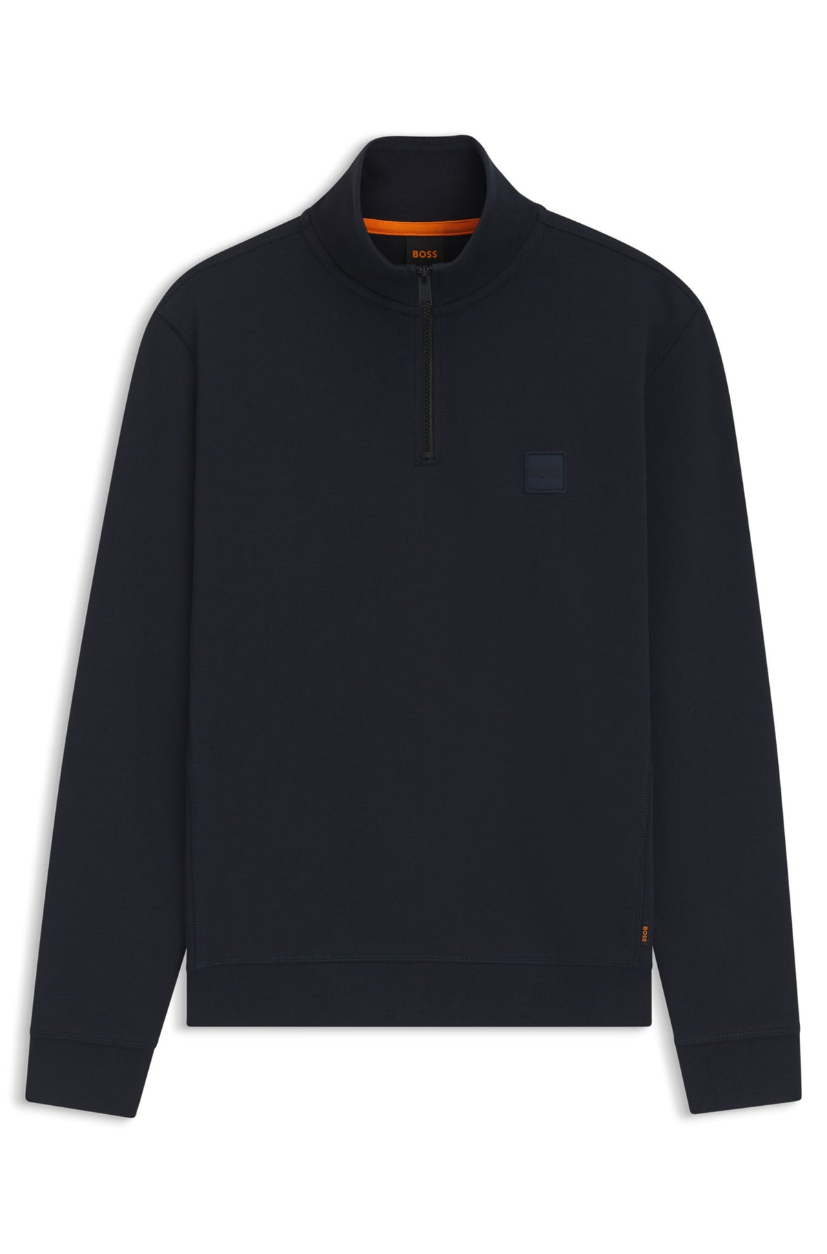 Chandail à demi-fermeture éclair molletonné bleu marine foncé, col montant, vue produit pour homme par HUGO BOSS