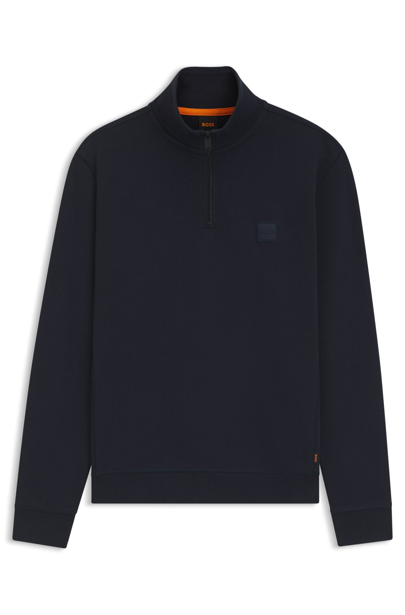 Chandail à demi-fermeture éclair molletonné bleu marine foncé, col montant, vue produit pour homme par HUGO BOSS