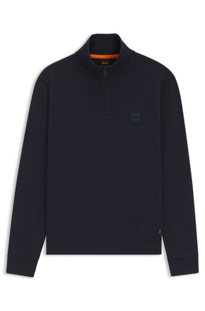 Chandail à demi-fermeture éclair molletonné bleu marine foncé, col montant, vue produit pour homme par HUGO BOSS