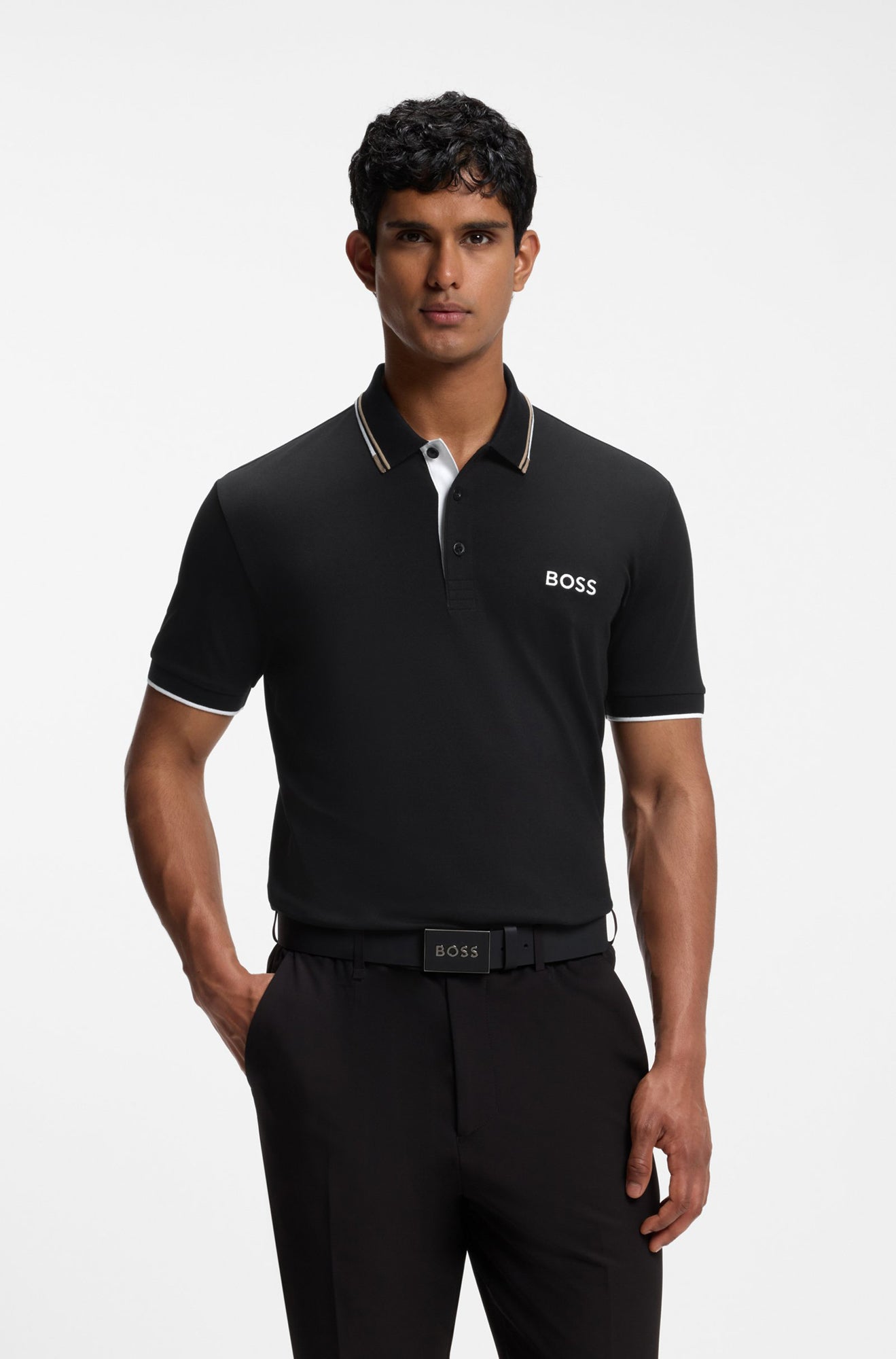 HUGO BOSS men's black short sleeve polo with white BOSS logo and tipped collar, front model view