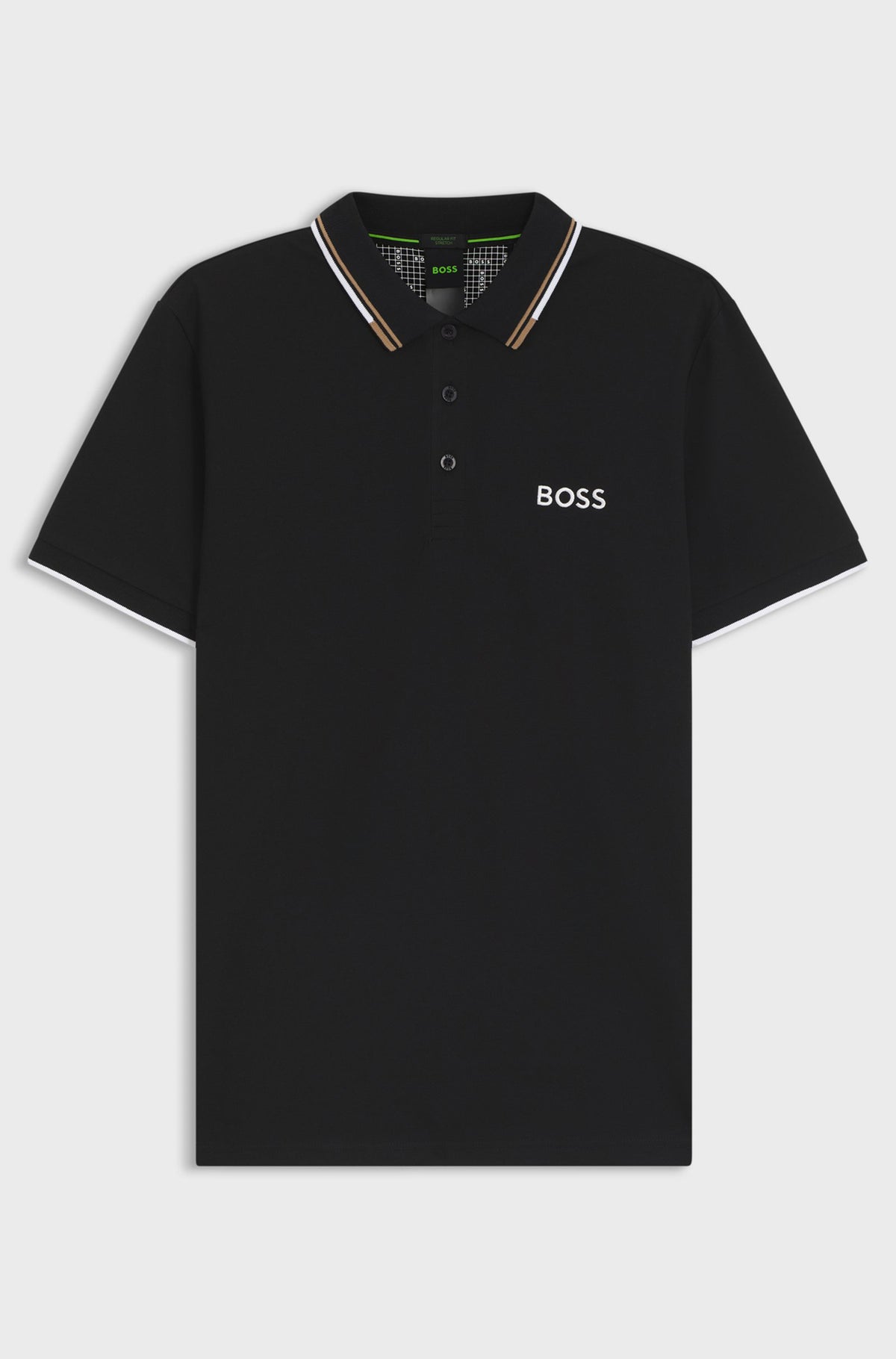 Polo noir à manches courtes avec logo BOSS blanc et col ligné beige et blanc pour homme par HUGO BOSS, vue produit