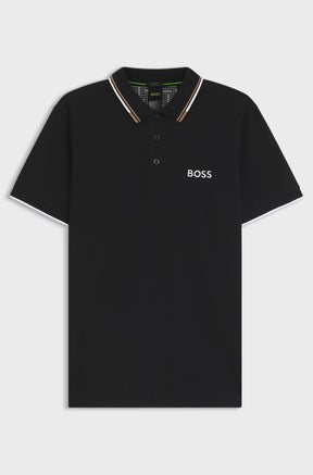 HUGO BOSS men's black short sleeve polo product view with white BOSS logo and tan-white tipped collar
