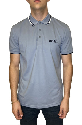 HUGO BOSS men's light blue-gray short-sleeve polo front view with dark BOSS chest logo and striped collar trim