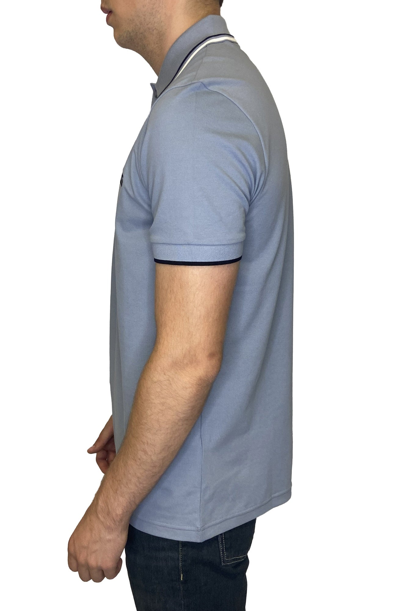 HUGO BOSS men's light blue-gray short-sleeve polo side view showing cuff and striped collar edge