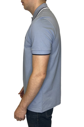 HUGO BOSS men's light blue-gray short-sleeve polo side view showing cuff and striped collar edge