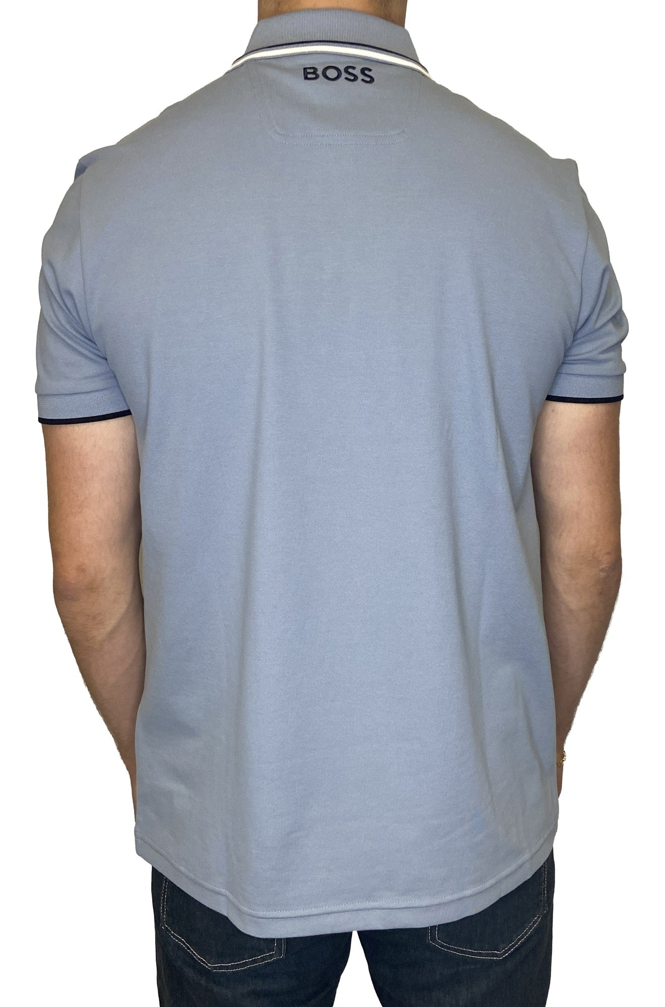 Men's light blue-gray short-sleeve polo back view with BOSS logo below the striped collar by HUGO BOSS