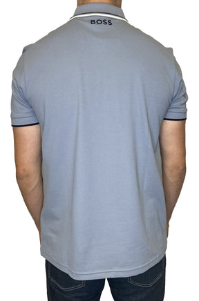 Men's light blue-gray short-sleeve polo back view with BOSS logo below the striped collar by HUGO BOSS