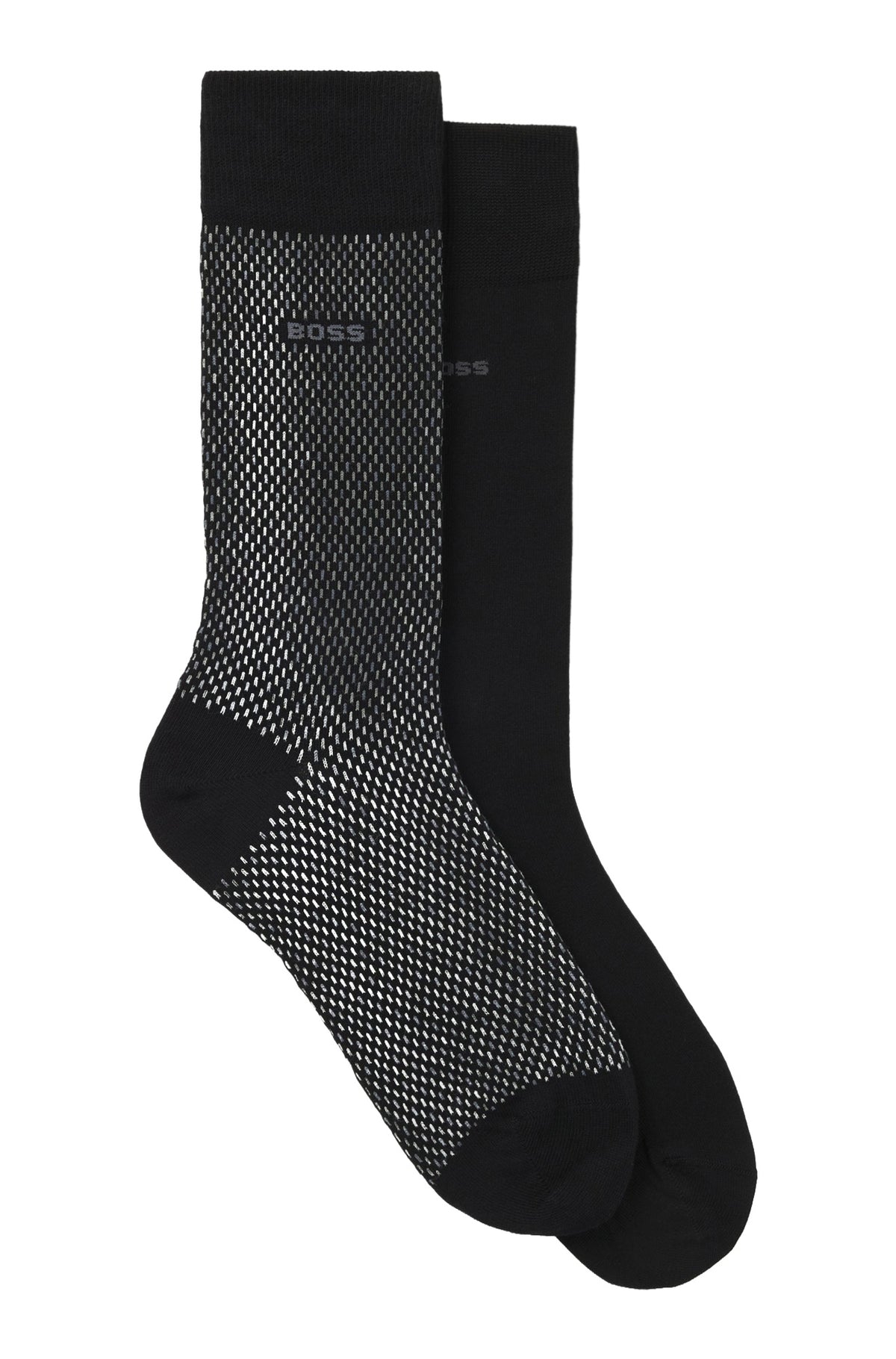 Bas noirs, un avec motif à petits traits gris et logo BOSS, en vue produit isolée pour homme par HUGO BOSS