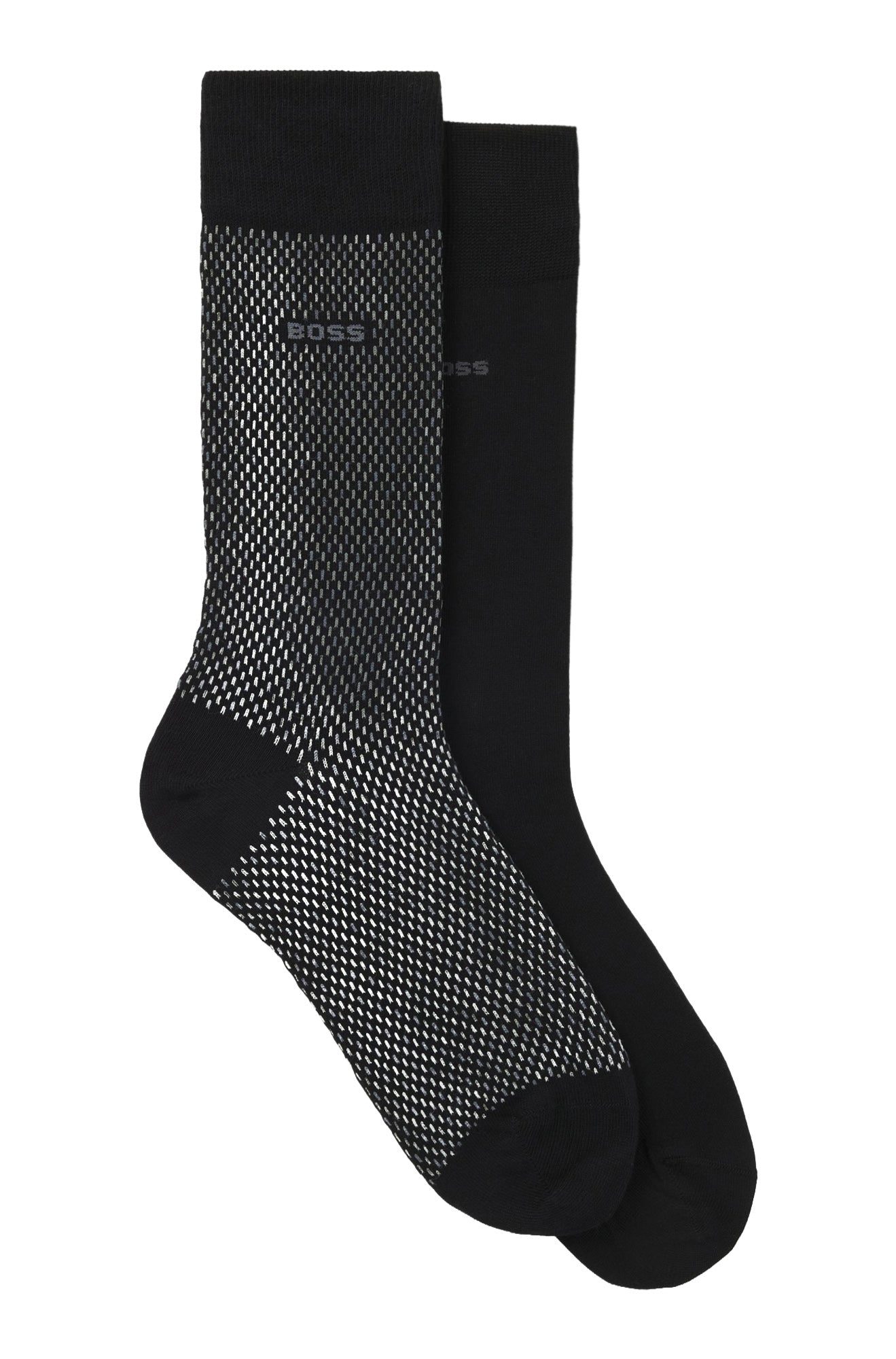 Bas noirs, un avec motif à petits traits gris et logo BOSS, en vue produit isolée pour homme par HUGO BOSS