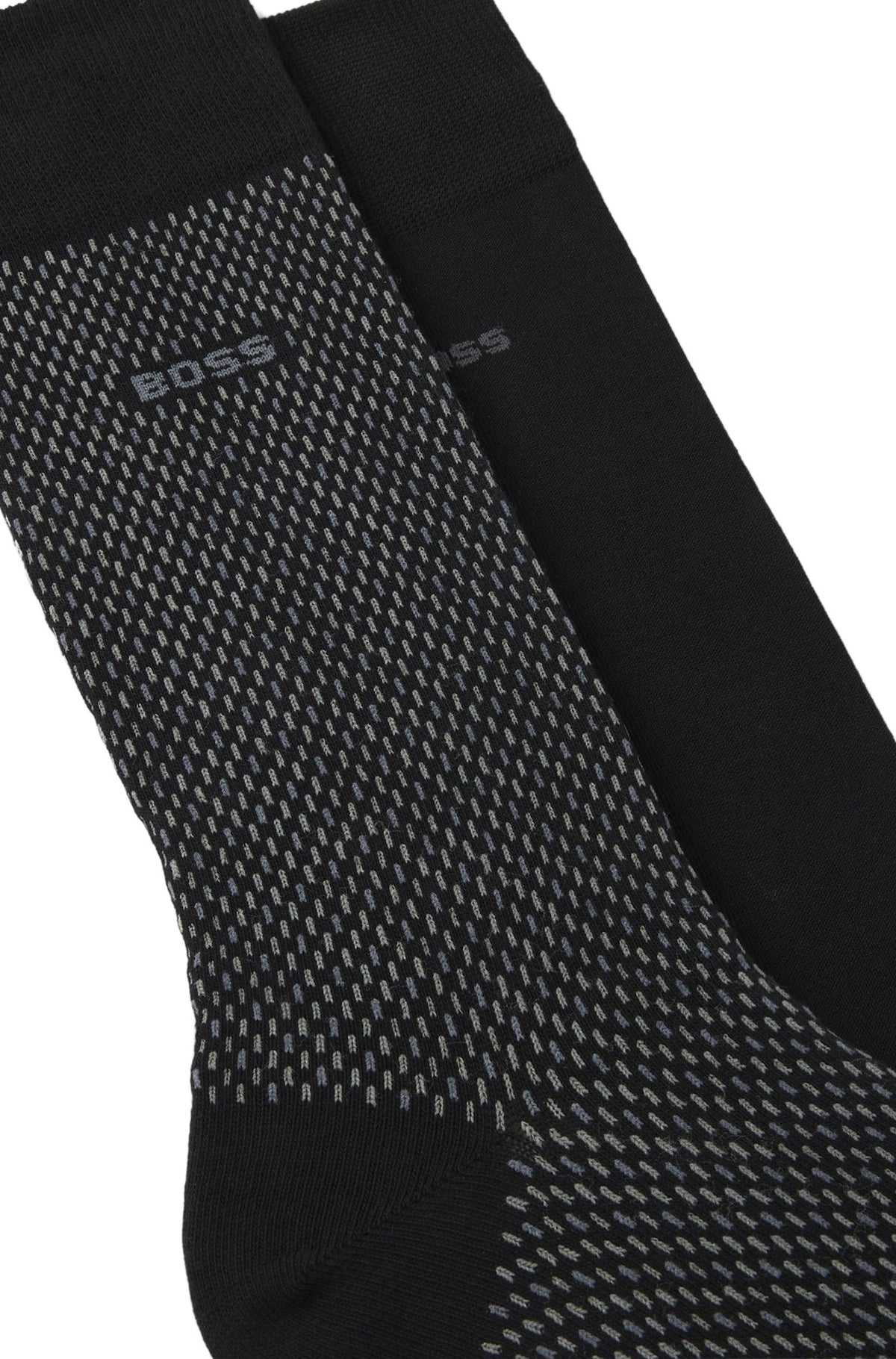 Bas noirs à petits traits gris, bord côtelé et logo BOSS pour homme par HUGO BOSS, en gros plan