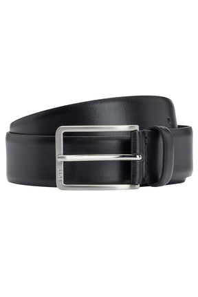 Ceinture en cuir noire enroulée avec boucle rectangulaire argentée gravée BOSS, vue produit pour homme par HUGO BOSS