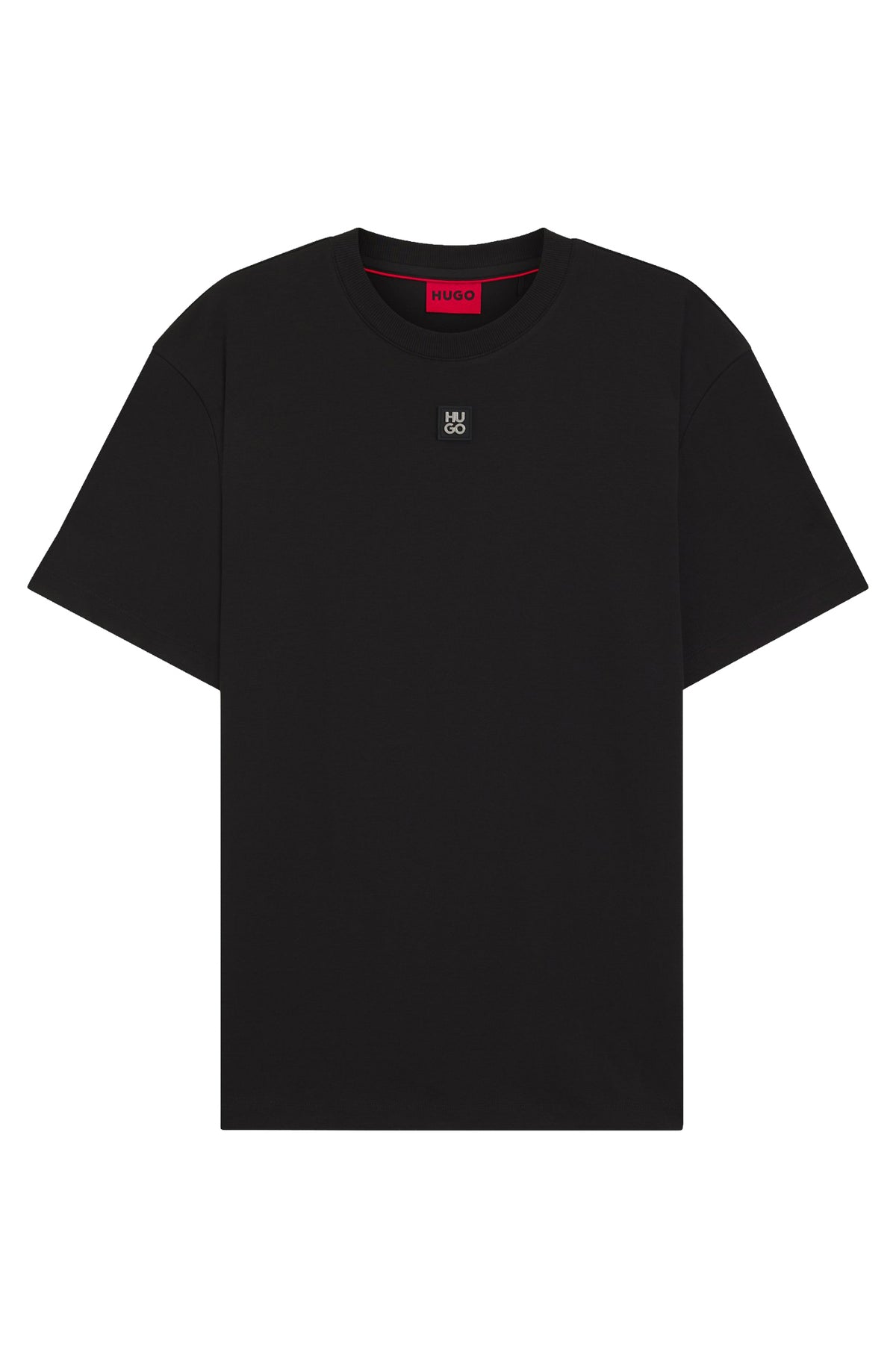 Men's black short sleeve crewneck T-Shirt with small square HUGO chest logo patch, product view by HUGO BOSS