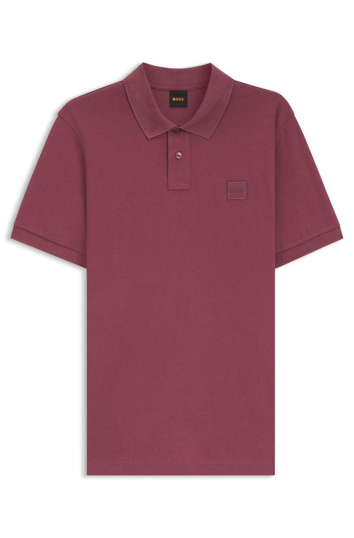Polo bourgogne isolé vu de face avec col côtelé, patte boutonnée et écusson ton sur ton pour homme par HUGO BOSS