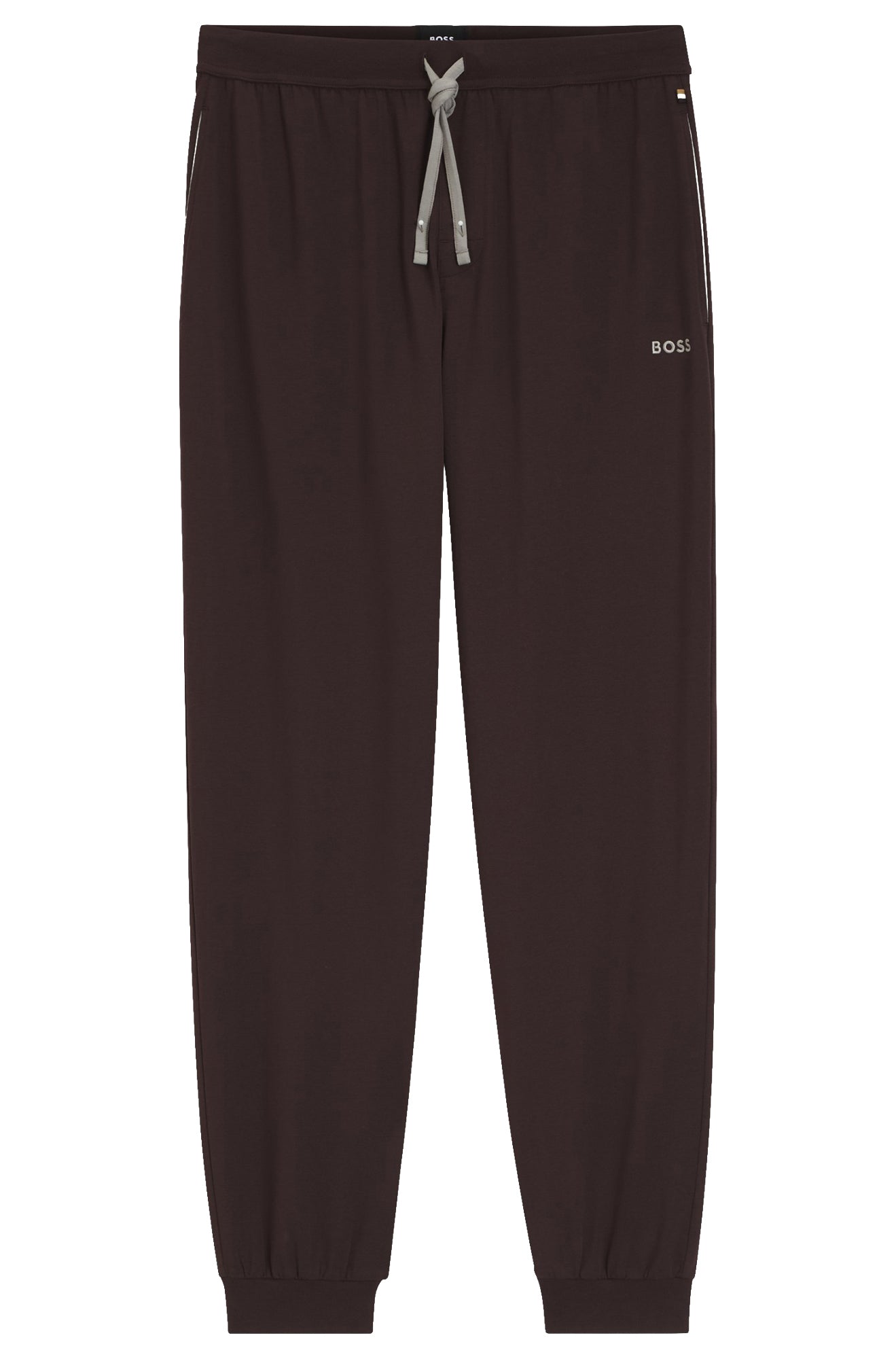 Pantalon à cordon jogger brun foncé avec cordon gris, logo et chevilles côtelées pour homme par HUGO BOSS, vue avant isolée