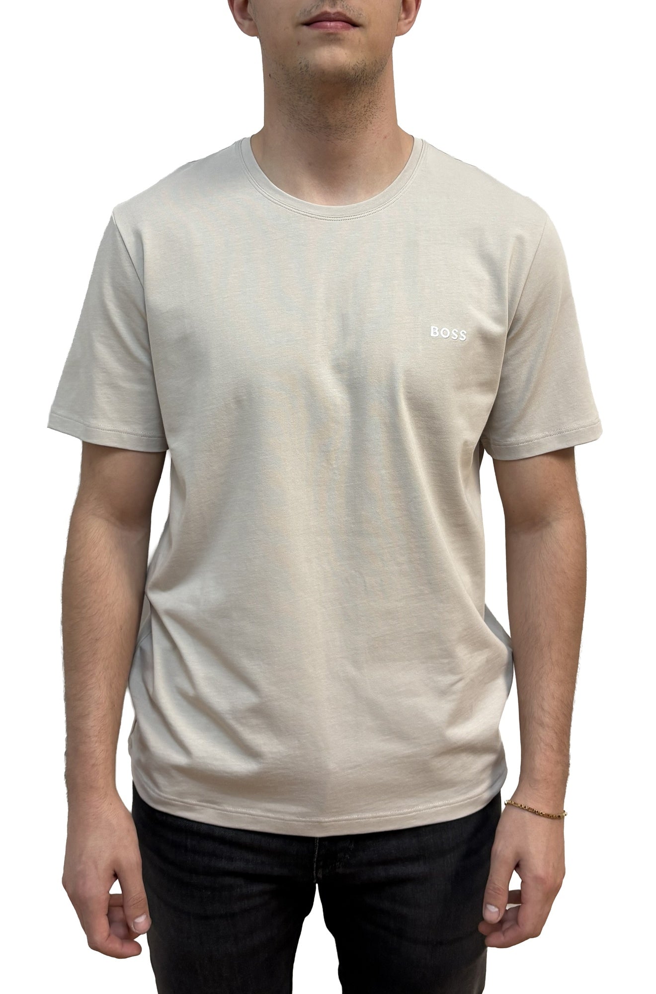 T-shirt beige pâle à col rond, manches courtes et logo BOSS blanc pour homme par HUGO BOSS, vue de face