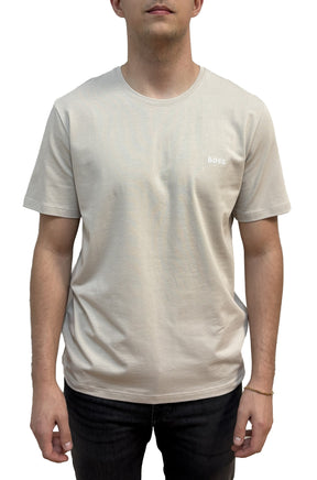 T-shirt beige pâle à col rond, manches courtes et logo BOSS blanc pour homme par HUGO BOSS, vue de face