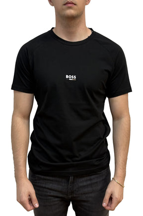 T-shirt noir à col rond, manches courtes et petit logo BOSS blanc pour homme par HUGO BOSS, vue de face