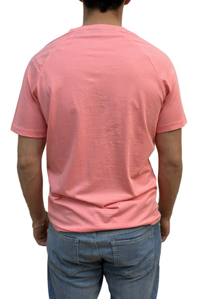 Vue arrière d’un t-shirt rose uni à manches courtes, avec encolure ronde et ourlets cousus pour homme par HUGO BOSS
