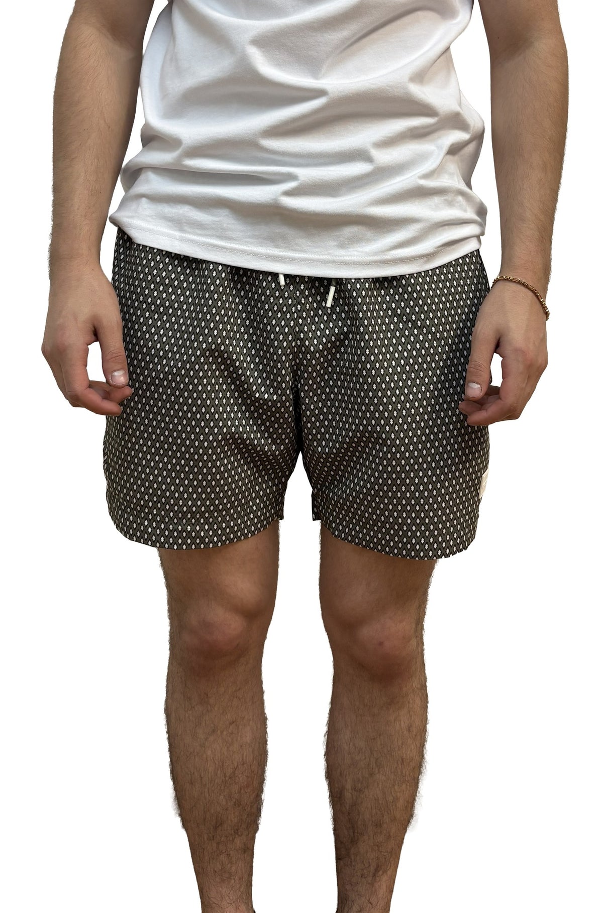 Short de bain foncé à motif diamant blanc et taille à cordon pour homme par HUGO BOSS, vue de face