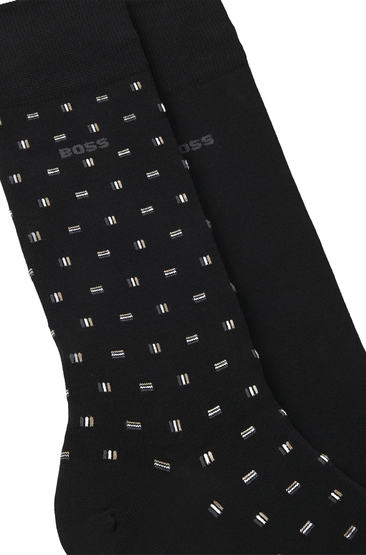 Bas habillés noirs avec petits motifs, bas uni, maille visible et logo BOSS gris pour homme par HUGO BOSS, en gros plan