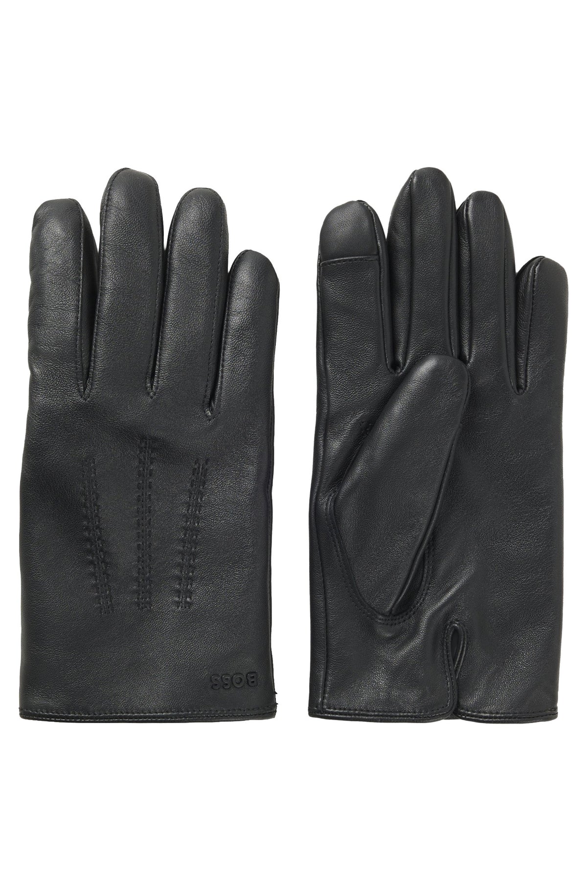Paire de gants en cuir noir, vues paume et dos avec surpiqûres ton sur ton, vue produit pour homme par HUGO BOSS