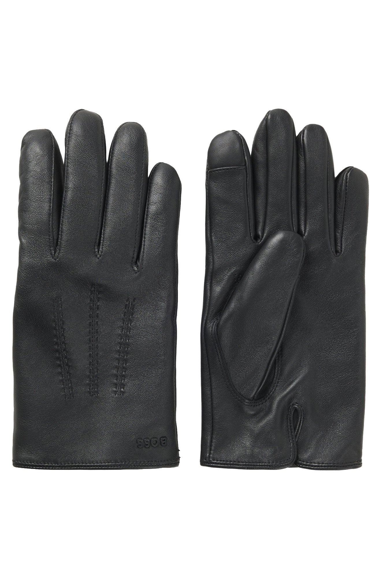 Paire de gants en cuir noir, vues paume et dos avec surpiqûres ton sur ton, vue produit pour homme par HUGO BOSS