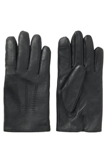 Paire de gants en cuir noir, vues paume et dos avec surpiqûres ton sur ton, vue produit pour homme par HUGO BOSS