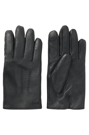 Paire de gants en cuir noir, vues paume et dos avec surpiqûres ton sur ton, vue produit pour homme par HUGO BOSS
