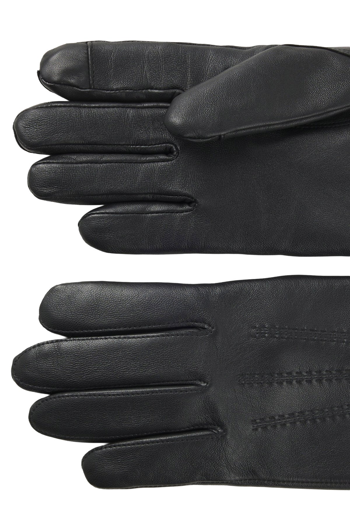 Vue rapprochée de gants en cuir noir montrant les coutures des doigts et les surpiqûres pour homme par HUGO BOSS